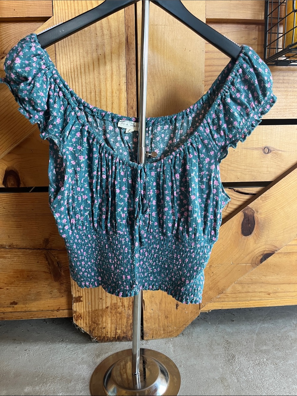 La Hearts Teal Off-Shoulder Pink Floral Smocked Crop Top